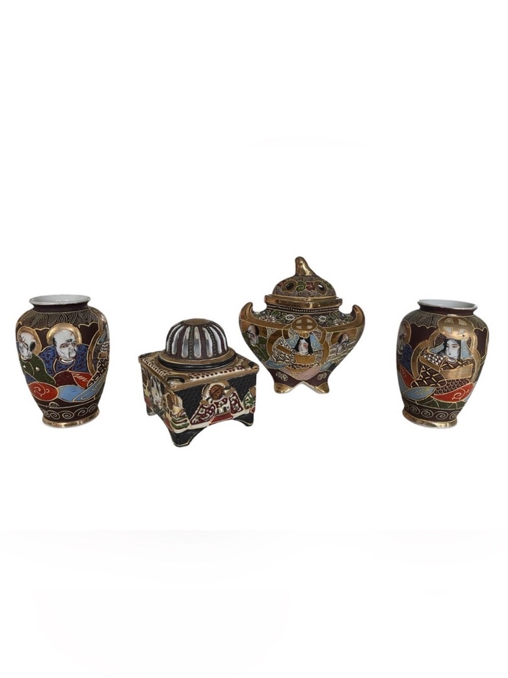 Vintage Japanese Satsuma-Style Porcelain Vases & Incense Burner